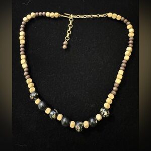 Painted Floral Black & Beige Beaded Necklace